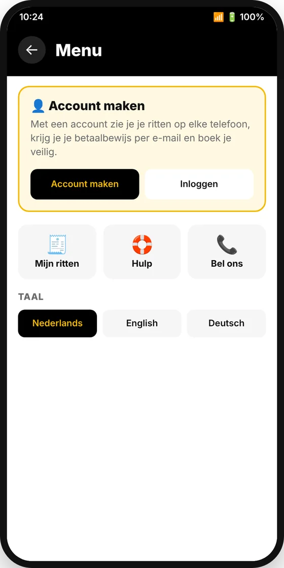 Taxi H.C.T app: menu met de knop Account maken