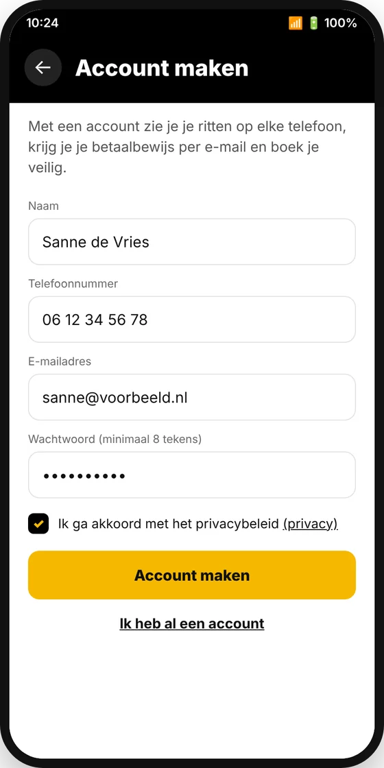 Taxi H.C.T app: account maken