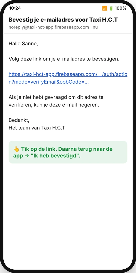 De bevestigingsmail van de Taxi H.C.T app