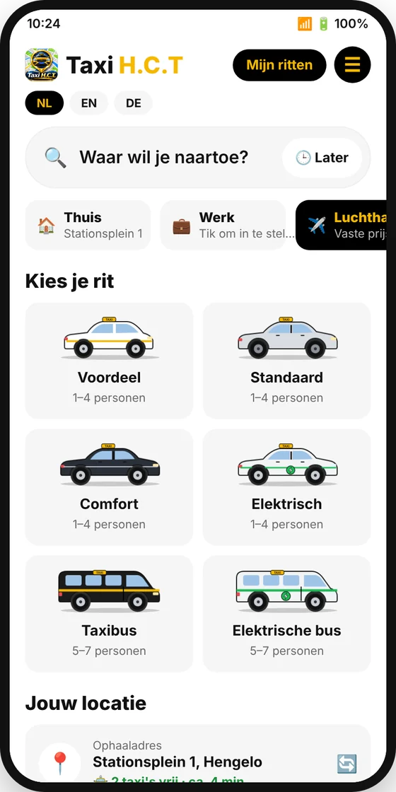 Taxi H.C.T app: startscherm