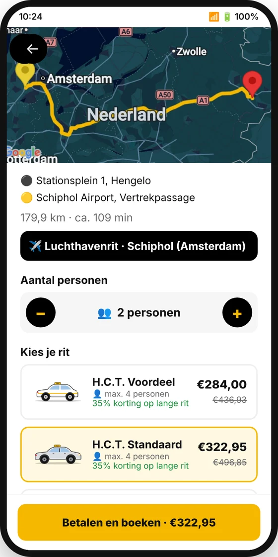 Taxi H.C.T app: ritsoort en vaste prijs