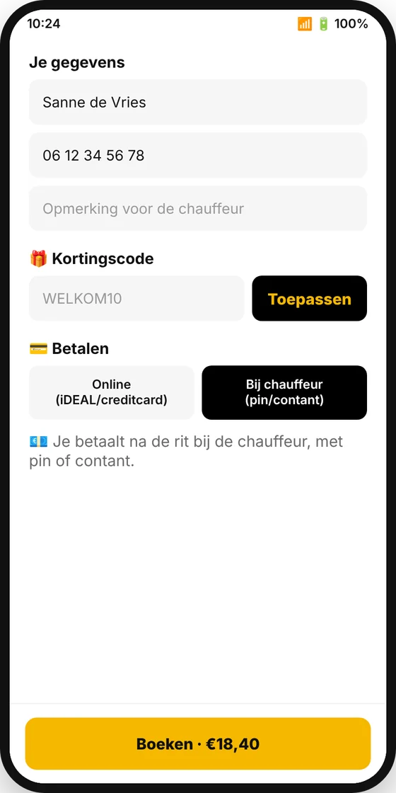 Taxi H.C.T app: betaalwijze kiezen