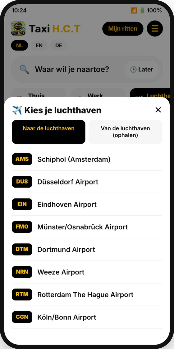 Taxi H.C.T app: luchthaven kiezen
