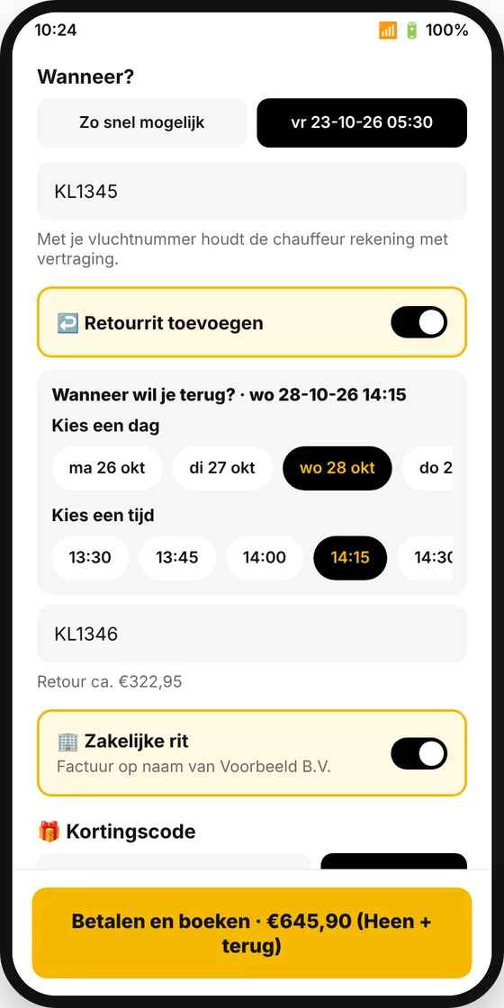 Taxi H.C.T app: vluchtnummer en retourrit