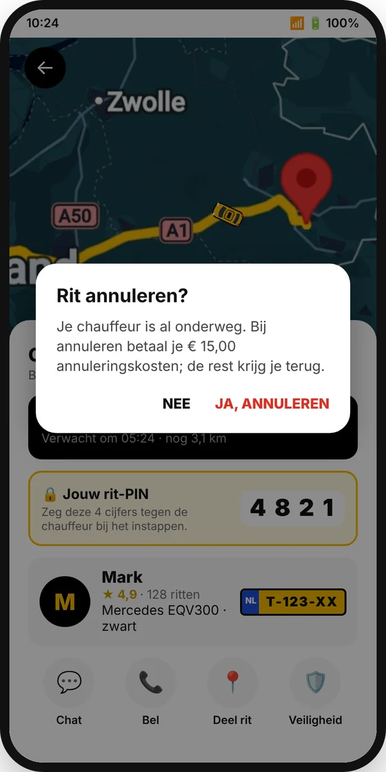 Taxi H.C.T app: rit annuleren