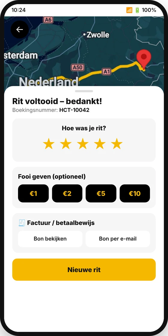 Taxi H.C.T app: beoordelen, fooi en bon