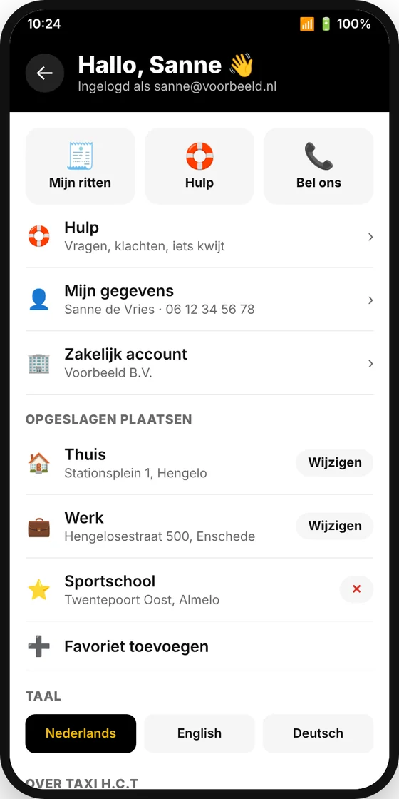 Taxi H.C.T app: account en favorieten